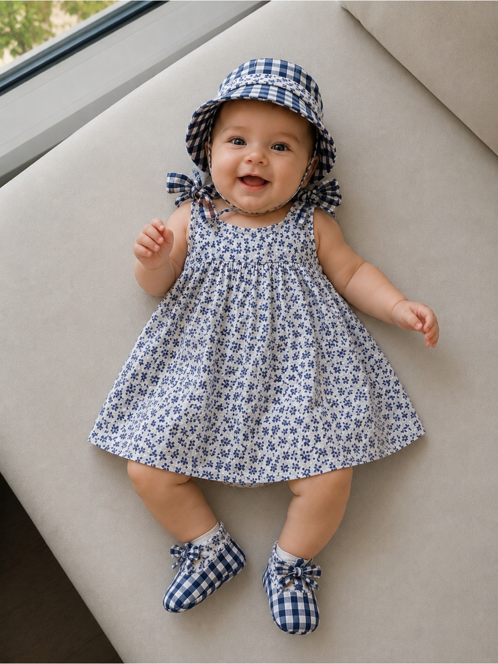 Baby kid set body Dress + hat + shoes 1/3 months Jacadi strapless blue white